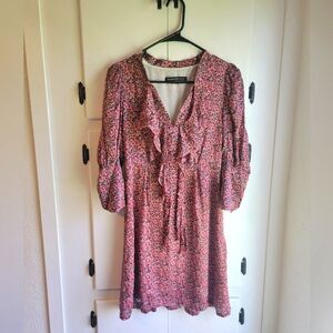 Balenciaga Silk Vneck Abstract Print Split Cuff Puff Sleeve Front Tie Dress Smal